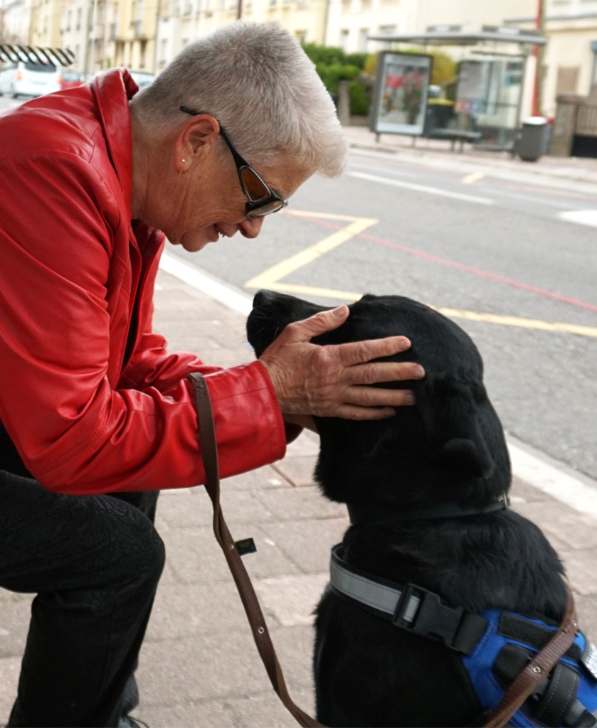 photo d'un chien guide et sa maîtresse qui se regardent amoureusement